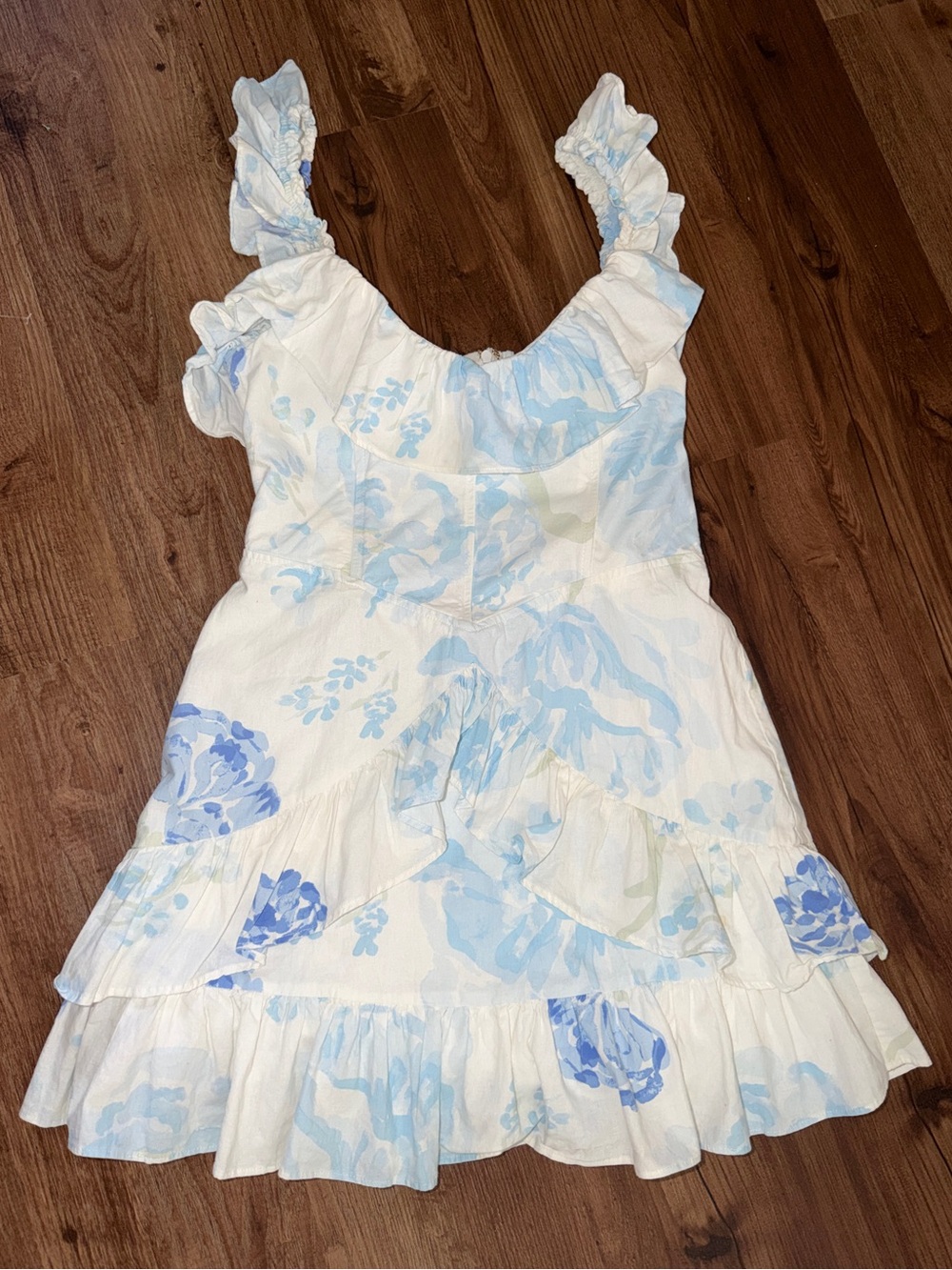 SABO Skirt Rialto Dress in Peony- White and Blue Floral Ruffle Mini Dress